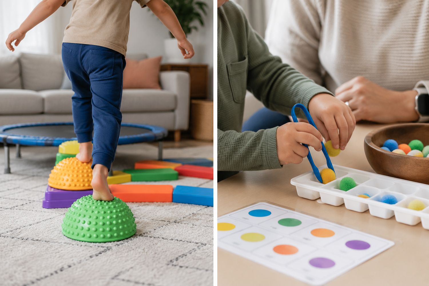 A child balancing on stepping stones and another using tongs to sort pom-poms during occupational therapy activities
